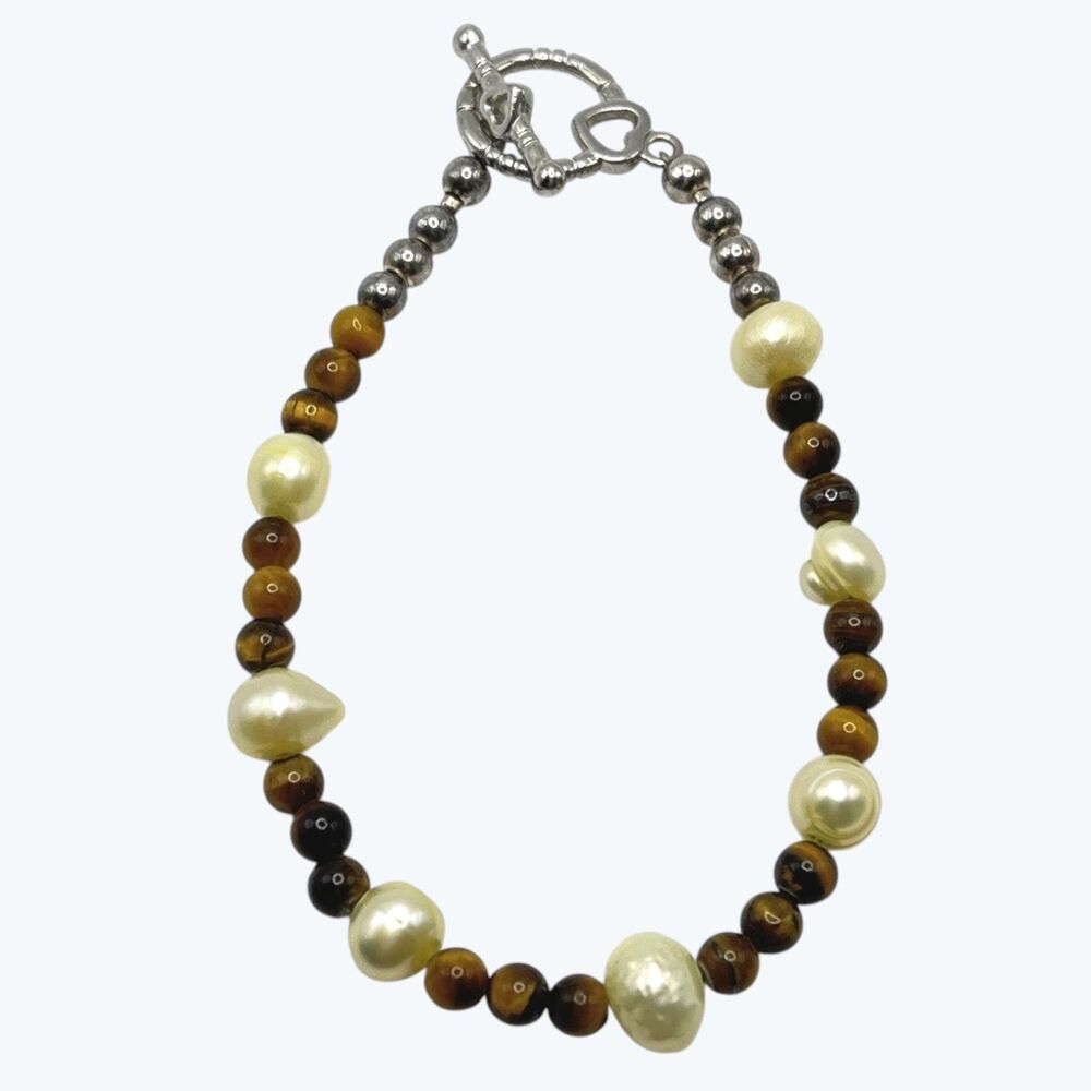 Artisan Beaded Bracelet Pearl Tigers Eye Gemstone Silver Tone Handmade Boho